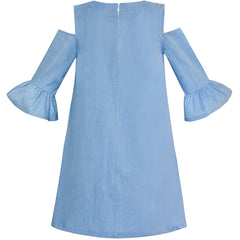 Girls Cold Shoulder Dress Denim Blue Cowboy 3/4 Sleeve Size 6-12 Years