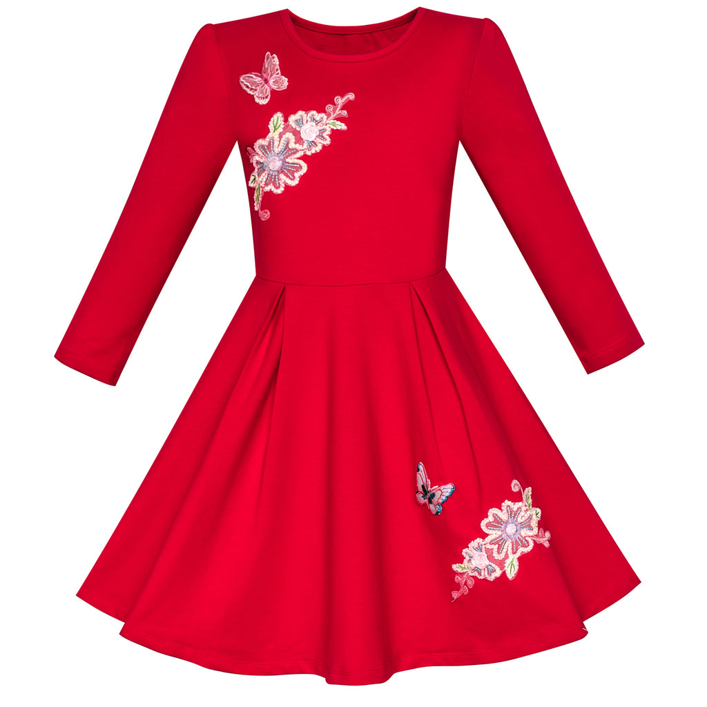 Girls Dress Red Long Sleeve Embroidered Holiday Christmas Dress Size 5-10 Years