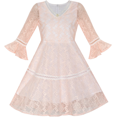 Flower Girl Dress Lace Blush Pink Bell Sleeve Party Size 6-14 Years