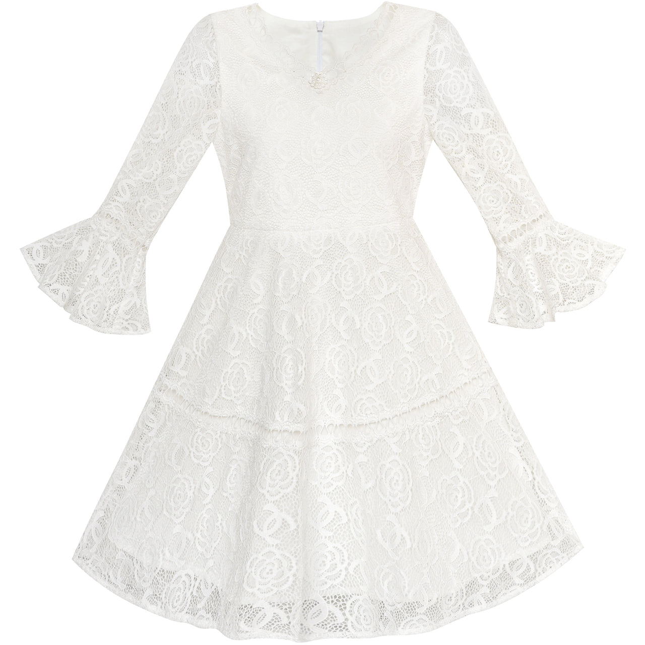 Flower Girl Dress Lace Off White Bell Sleeve Party Size 6-14 Years