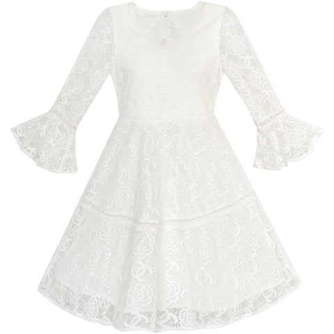 Flower Girl Dress Lace Off White Bell Sleeve Party Size 6-14 Years