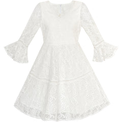 Flower Girl Dress Lace Off White Bell Sleeve Party Size 6-14 Years