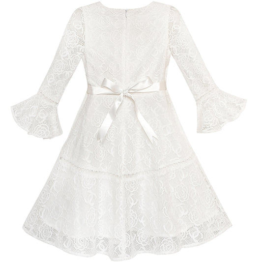 Flower Girl Dress Lace Off White Bell Sleeve Party Size 6-14 Years