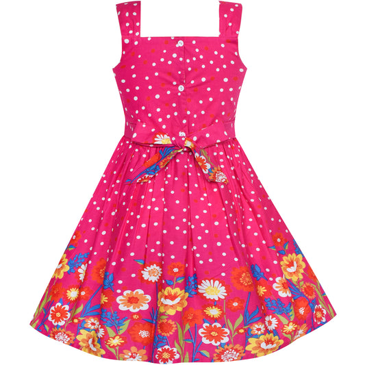 Girls Dress Floral White Dot Bow Tie Summer Size 2-8 Years