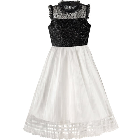 Girls Dress White And Black Pleated Skirt Lace Sequin Size 6-14 Years