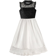 Girls Dress White And Black Pleated Skirt Lace Sequin Size 6-14 Years
