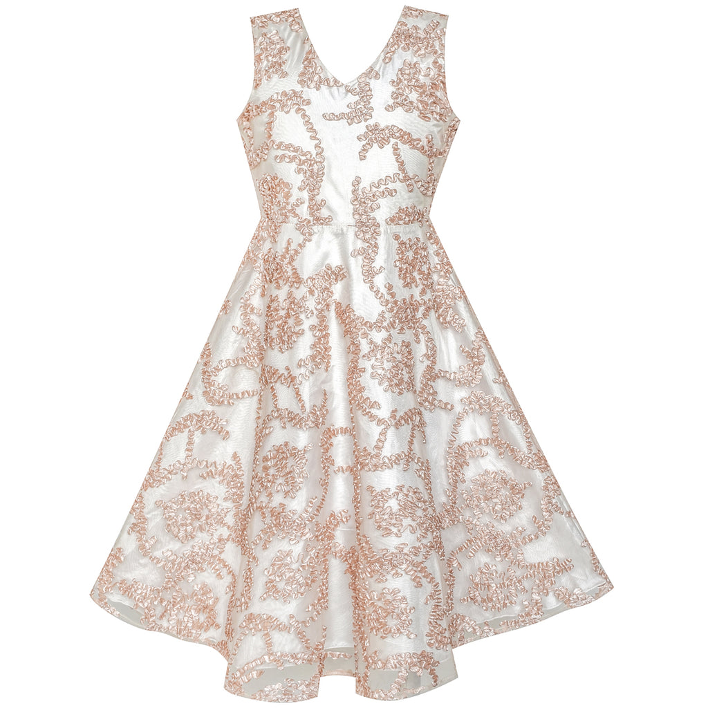 Girls Dress V Neckline Embroidered Floral Champagne Size 6-12 Years