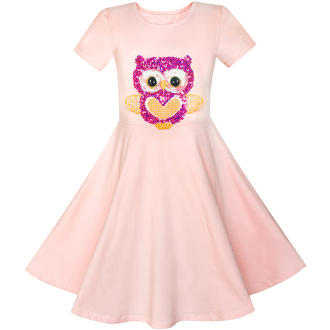 Girls Dress Misty Rose Owl Sequin Cotton Dress Size 4-8 Years