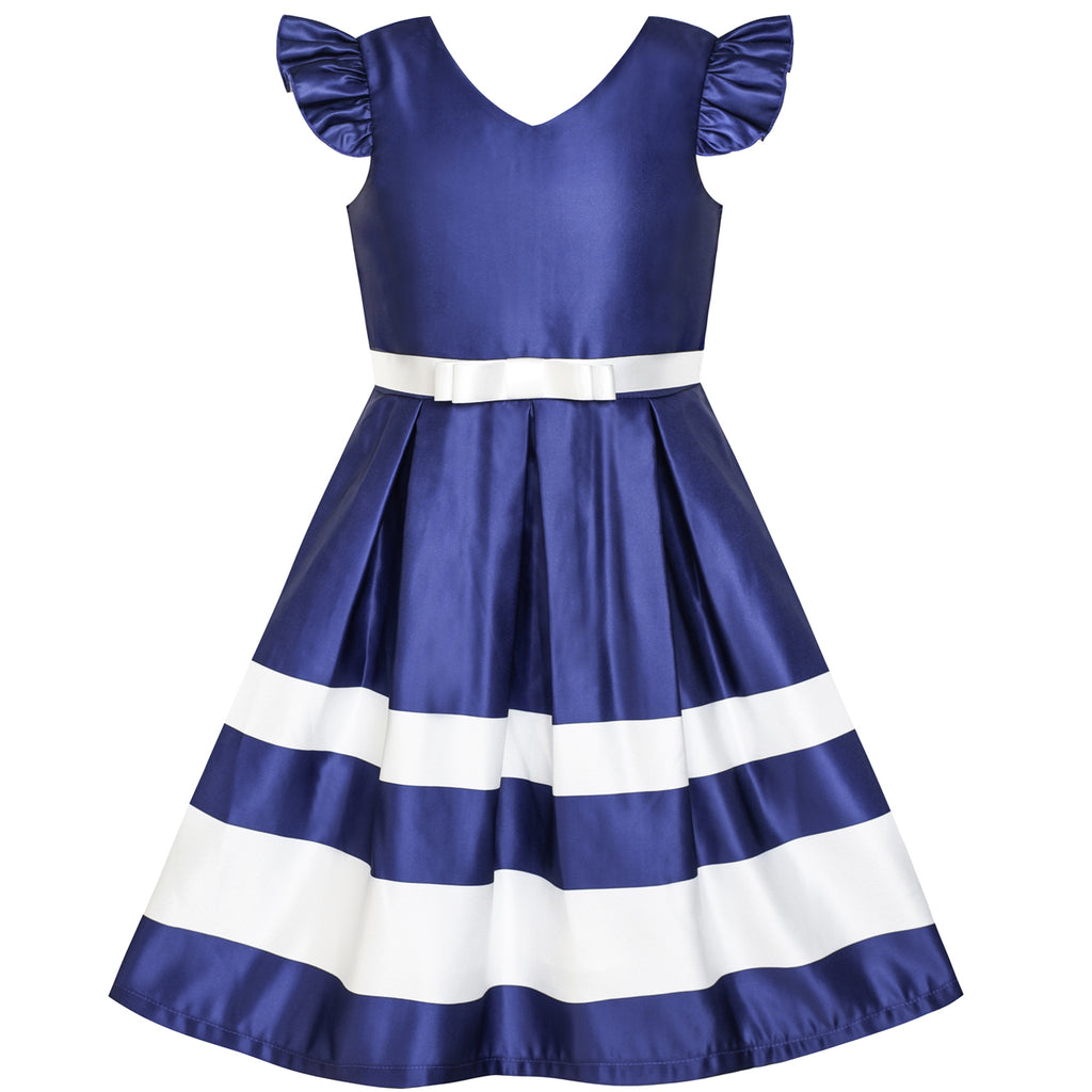 Girls Dress Navy Blue V-neckline Ribbon Color Contrast Size 6-12 Years