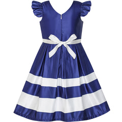 Girls Dress Navy Blue V-neckline Ribbon Color Contrast Size 6-12 Years