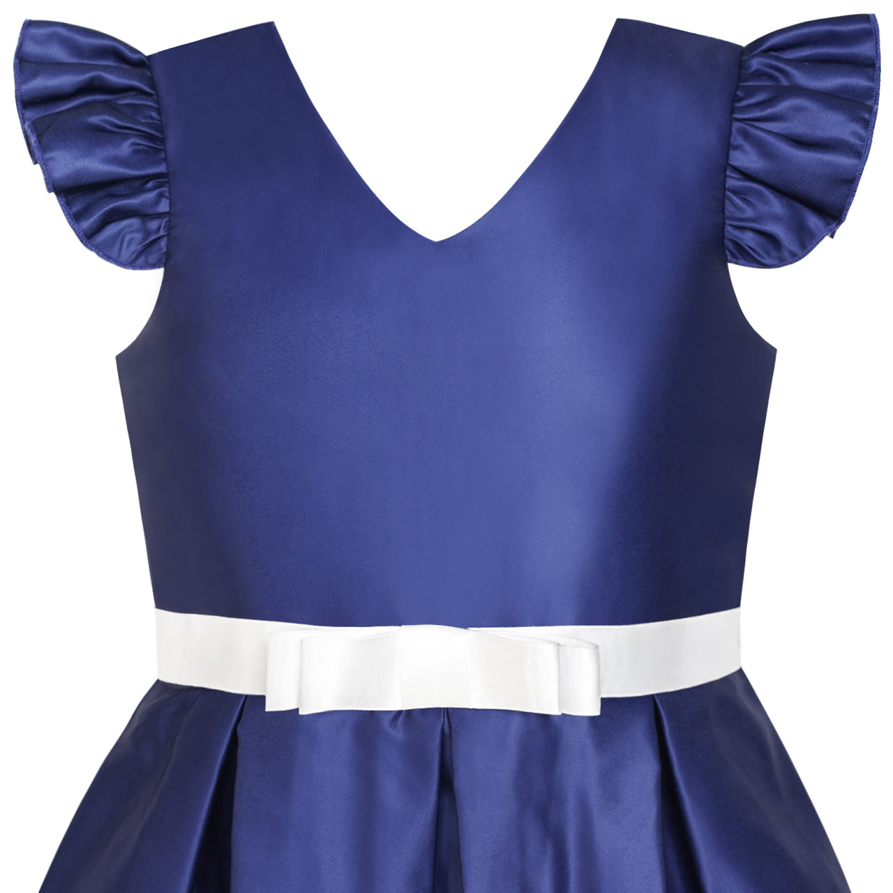 Girls Dress Navy V-neckline Ribbon Color Contrast Size 6-12 Years