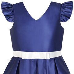 Girls Dress Navy Blue V-neckline Ribbon Color Contrast Size 6-12 Years