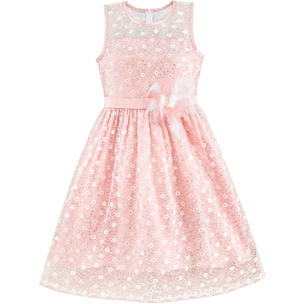 Flower Girl Dress Lace Sequin Flare Pink Wedding Party Size 5-12 Years