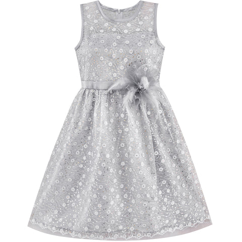 Flower Girl Dress Lace Sequin Flare Gray Wedding Party Size 5-12 Years