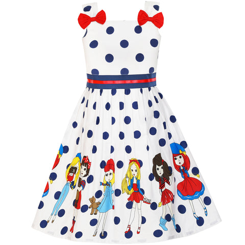 Girls Dress Cartoon Dot Bow Tie Summer Size 2-8 Years