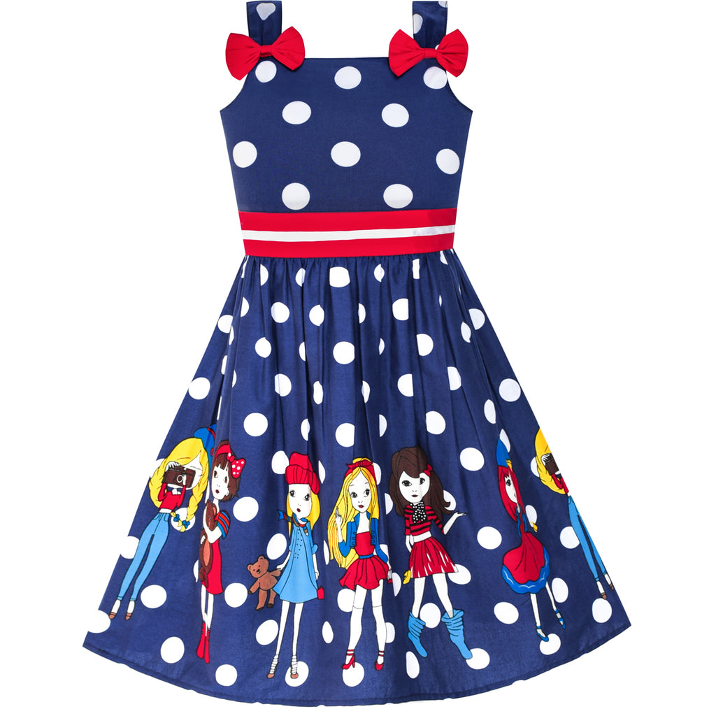 Girls Dress Cartoon Navy Blue Dot Bow Tie Summer Size 2-8 Years