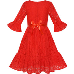 Girls Dress Red Bell Sleeve Lace Ruffle Skirt Holiday Dress Size 5-12 Years