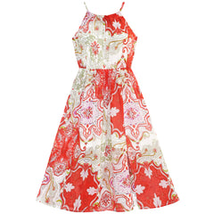 Girls Dress Red Floral Chiffon Slip Midi Dress Summer Beach Party Size 7-14 Years