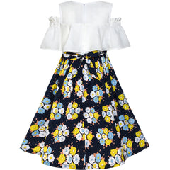 Girls Dress Chiffon Floral Ruffle Cold Shoulder Party Dress Size 7-14 Years