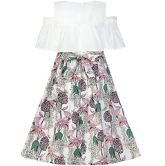 Girls Dress Chiffon Floral Ruffle Cold Shoulder Party Dress Size 7-14 Years
