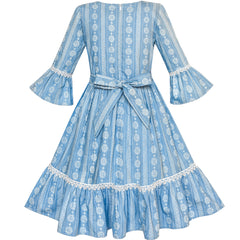 Girls Dress Denim Blue Bell Sleeve Ruffled Skirt Easter Dress Size 5-12 Years