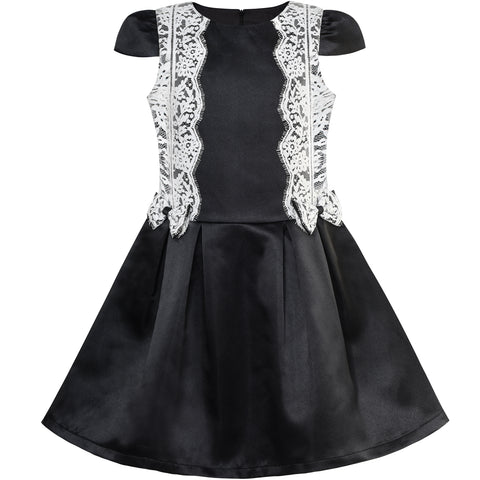 Girls Dress Black White Color Contrast Lace Bow Tie Size 6-10 Years