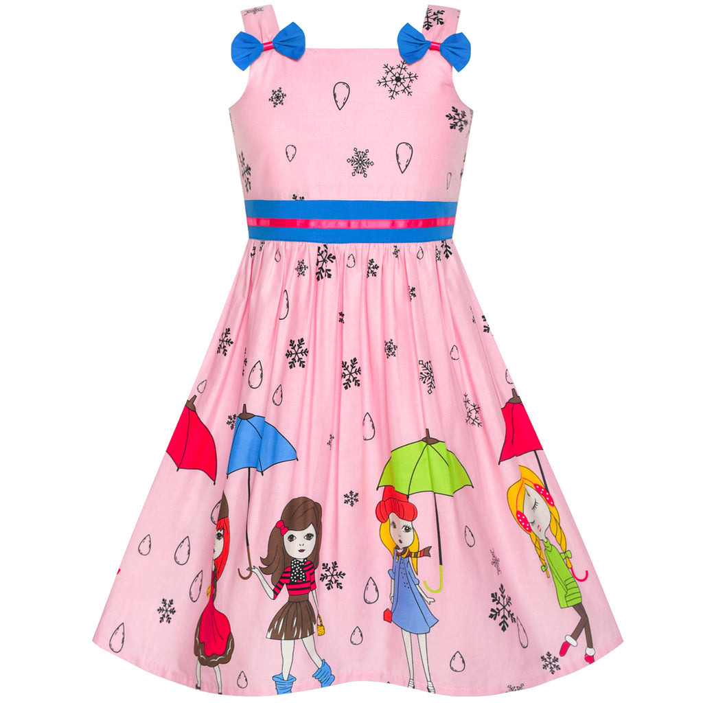 Girls Dress Cartoon Dot Bow Tie Pink Summer Sundress Size 2-8 Years