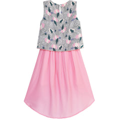 Girls Dress 2-in-1 Pink Floral Hi-Low Chiffon Party Dress Size 7-14 Years