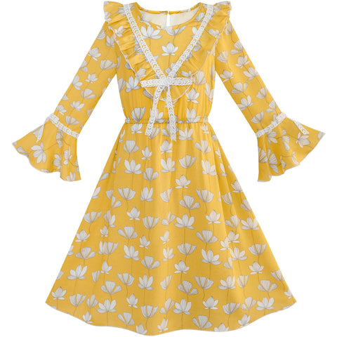 Girls Dress Chiffon Bell Sleeve Floral Elegant Dress Size 5-14 Years