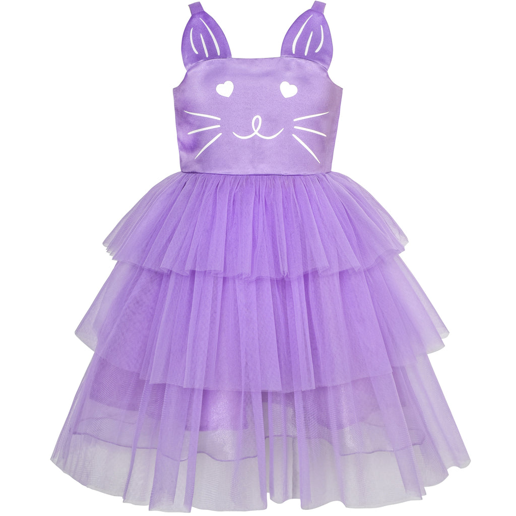Girls Dress Cat Face Purple Tower Ruffle Dancing Party Size 4-10 Years
