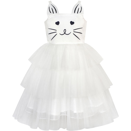 Girls Dress Cat Face Off White Tower Ruffle Dancing Party Size 4-10 Years