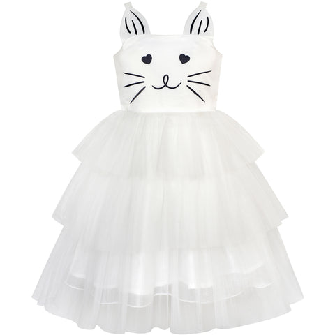 Girls Dress Cat Face Off White Tower Ruffle Dancing Party Size 4-10 Years