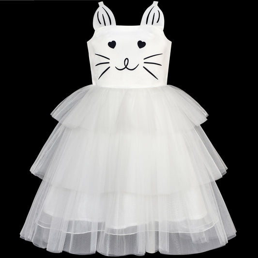 Girls Dress Cat Face Off White Tower Ruffle Dancing Party Size 4-10 Years