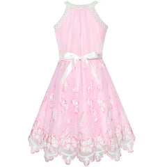 Girls Dress Pink Butterfly Embroidered Halter Dress Party Size 5-12 Years