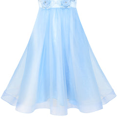Flower Girls Dress Blue Bell Sleeves Wedding Bridesmaid Size 6-12 Years