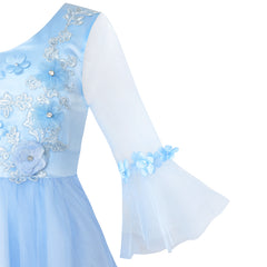 Flower Girls Dress Blue Bell Sleeves Wedding Bridesmaid Size 6-12 Years