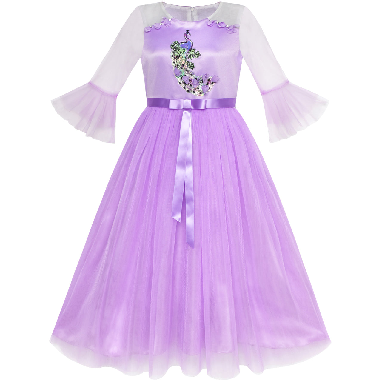 Girls Dress Peacock Illusion Shoulder Bell Sleeve Size 4-14 Years