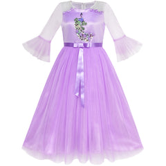 Girls Dress Purple Peacock Illusion Shoulder Bell Sleeve Size 6-12 Years