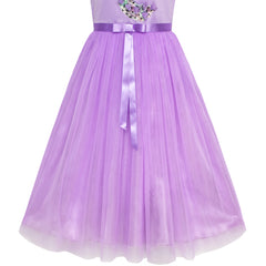 Girls Dress Purple Peacock Illusion Shoulder Bell Sleeve Size 6-12 Years
