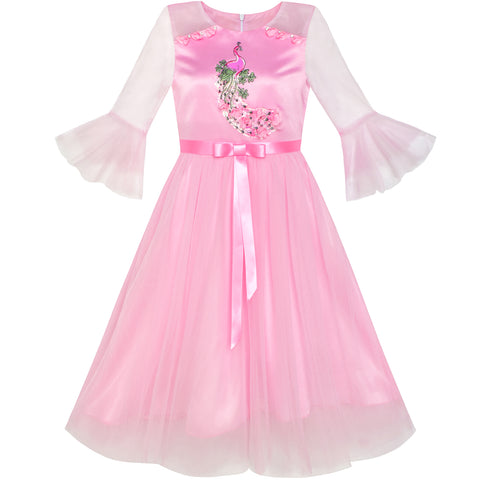 Girls Dress Pink Peacock Illusion Shoulder Bell Sleeve Size 6-12 Years