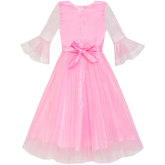 Girls Dress Pink Peacock Illusion Shoulder Bell Sleeve Size 6-12 Years
