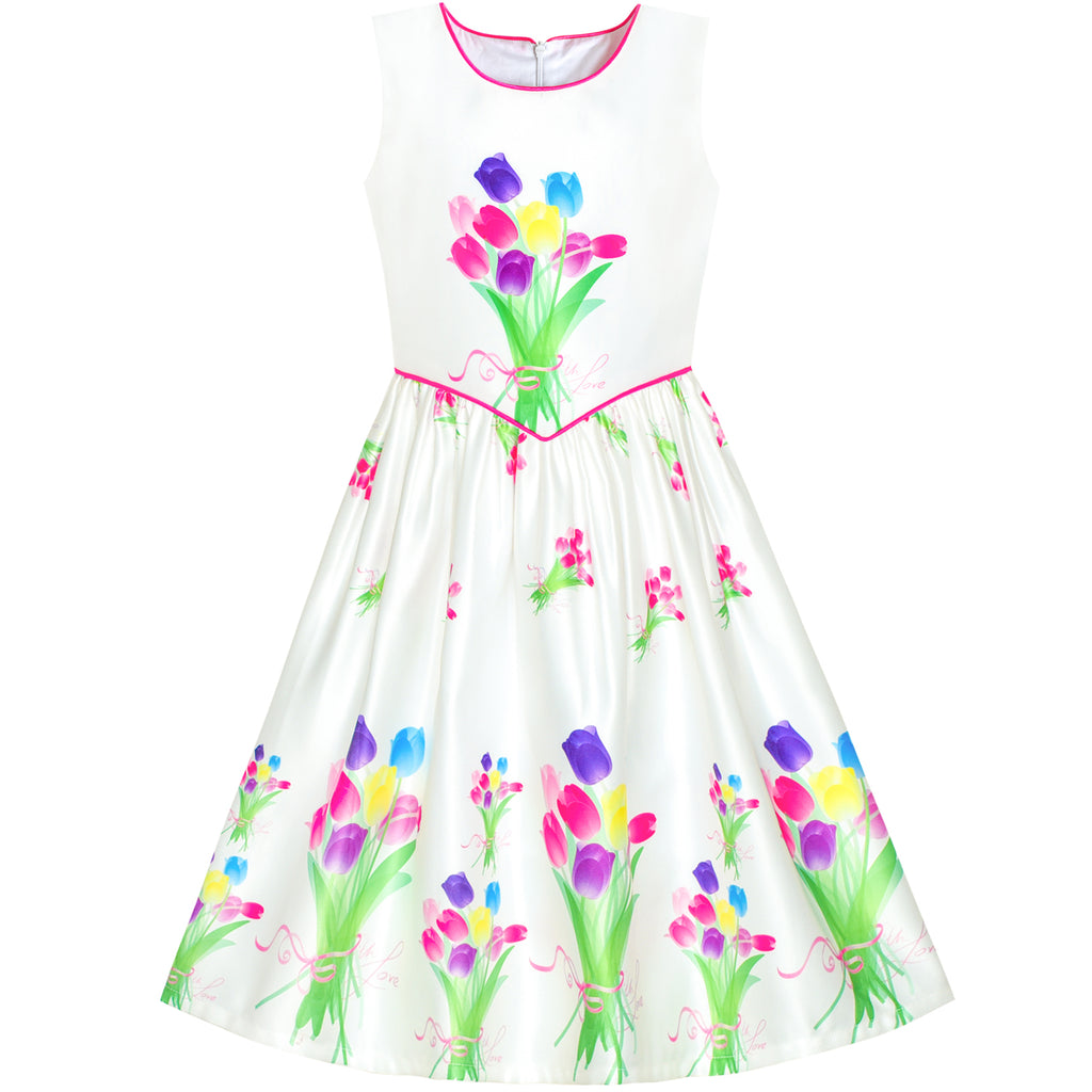 Girls Dress Tulip Flower Bouquet Spring Party Sundress Size 6-12 Years
