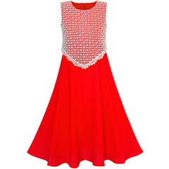 Girls Dress 2-in-1 Red Lace Chiffon Bridesmaid Wedding Party Size 6-12 Years