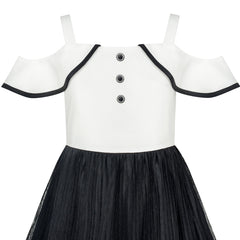 Girls Dress White And Black Chiffon Lace Cold Shoulder Size 6-12 Years