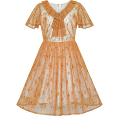 Girls Dress Caramel Star Lace Short Sleeve Pleated Collar Dress Size 6-12 Years