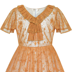 Girls Dress Caramel Star Lace Short Sleeve Pleated Collar Dress Size 6-12 Years