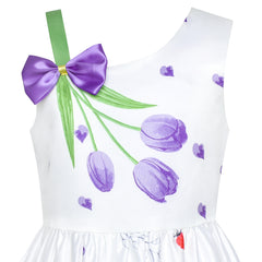 Girls Dress Purple Tulip Flower Bow Tie One Shoulder Size 6-12 Years
