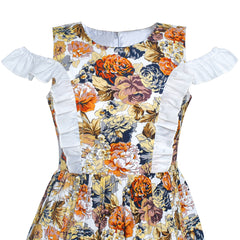 Girls Dress Vintage Floral Cold Shoulder Summer Sundress Size 6-12 Years