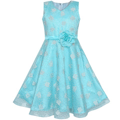 Flower Girls Dress Blue Rose Wedding Party Birthday Size 7-14 Years