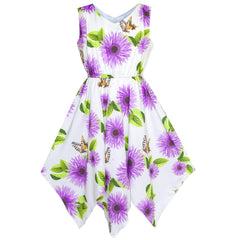 Girls Dress Purple Flower Hanky Hem With Necklace Size 7-14 Years